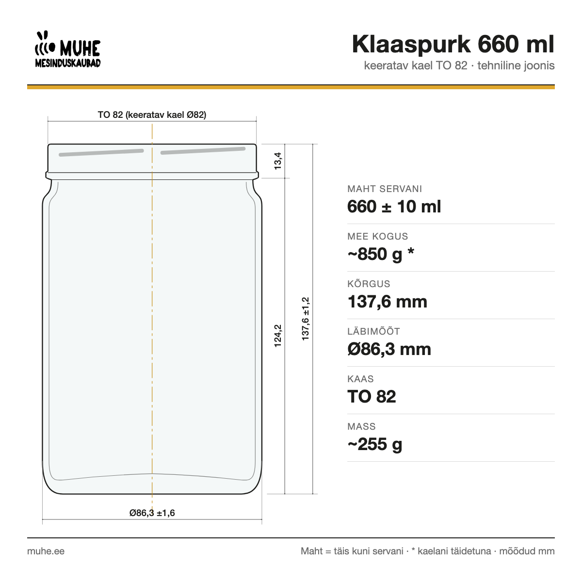 Klaaspurk 660 ml TO 82 tehniline joonis, maht servani